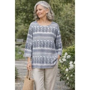 Pure Jill J. Jill Paisley Print Hemp Cotton Blend 3/4 Sleeve Top Blue Grey Large